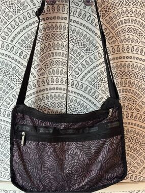 LeSportsac Black and Purple Floral-Pattern Crossbody Shoulder Bag